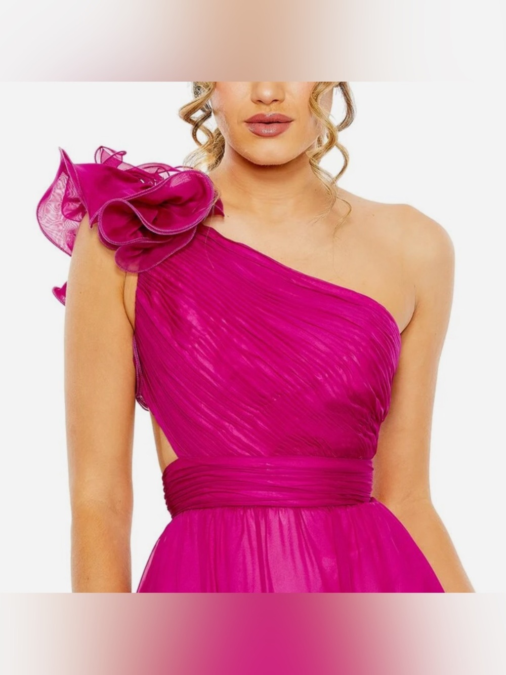 Mac Duggal One-Shoulder Fuchsia Ruffle Gown - Picture 5 of 7